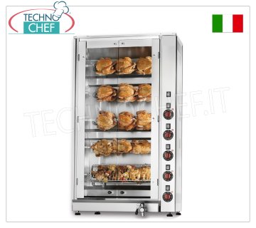 ELECTRIC ROTISSERIE with 5 Independent Overlapping Schidione ROD for 15 CHICKENS ELECTRIC ROTISSERIE with 5 INDEPENDENT superimposed SPIT ROD for 15 CHICKENS, possibility of PARTIAL LOADING, closed with 2 glass doors, weight 70 kg, V. 400/3+N, kw 8.3, dimensions 70.5x45x125h cm