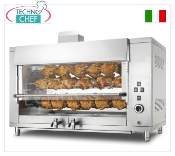 GAS PLANETARY ROTISSERIE with 5 RODS for 30 CHICKENS, STAINLESS STEEL countertop GAS PLANETARY ROTISSERIE with 5 RODS for 30 CHICKENS, equipped with 1000 mm long internal light, weight 142 kg, thermal power 13.5 kw, V.230/1, 0.18 kw, dimensions 1300x660x840h mm