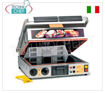 TECHNOCHEF - Double glass-ceramic oven plate, smooth and ribbed surface cm.40x30, Mod.PF2095/1 GLASS-CERAMIC TABLE OVEN PLATE, with SMOOTH lower surface and RIBBED upper surface measuring 400x300 mm, 2 handle positions: ↑oven and ↓plate, GRILL and VENTILATION function, V.230/1, Kw.2.00, Weight 34 Kg , dim.mm.500x540x630h