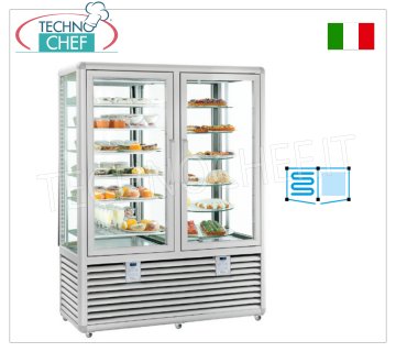 TECHNOCHEF - Combined display case for ice cream and pastry, temp. -15°-25°C/+4°+10°C, Mod.CPG900S/V Combined display case for ice cream/pastry shop 2 doors, temp. -15°-25°C/+4°+10°C, Curve Line, with 4 display sides, 6 static shelves + 5 rectangular glass shelves, ventilated/static refrigeration, 848 lt, V.230/1, Kw.0.70+0.54, dim.mm.1380x620x1860h
