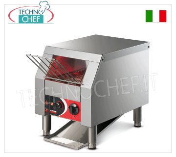 TOSTIERA a NASTRO 'Roller Toast' in acciaio inox CONVEYOR TOASTER made of AISI 304 STEEL, AISI 304 STEEL belt measuring 185x500 mm, self-ventilated motor, ARMORED RESISTANCES, HOURLY PRODUCTION from 65 to 360 pieces, V.230/1, kw 1.3, dimensions 238x294x360h mm