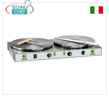 Technochef - Professional Electric Crepe Maker, 2 Cast Iron Plates Ø 400 mm, Mod.CRP42 ELECTRIC TABLE CREEPER with 2 CAST IRON COOKING PLATES and NON-SLIP MULTI-LINED SURFACE, DIAMETER 400 MM, thermostatic control of the cooking temperature, V.400/3+N, Kw.2.75+2.75, Weight 29 Kg, dimensions external mm.810x470x120h