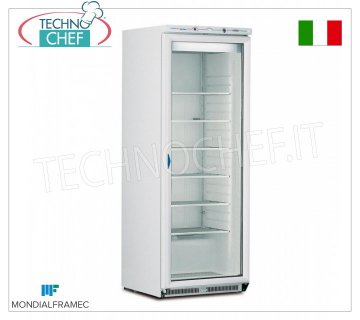 MONDIAL FRAMEC - Freezer-Freezer Cabinet 1 glass door, lt.580, Class E, Mod.ICEPLUSN60 Freezer-Freezer Cabinet 1 glass door, external structure in white sheet steel, capacity 580 lt, temperature -15°/-25°C, STATIC with FIXED GRID EVAPORATOR with FROST CAPTURE, Class E, V.230/1, Kw 0.82, Weight 125 Kg, dim.mm.775x740x1880