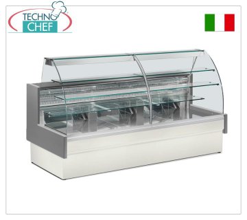 Refrigerated Pastry Display Counter, Static, Temp.+4°/+6°C, with Sliding Drawer, available in 3 lengths Refrigerated Pastry Display Counter, Static, Temp.+4°/+6°C, with sliding drawer, complete with shoulders, condensation collection tray and paneling, version with straight glass that can be opened like a compass, V.230/1, Kw.0,323, dim.cm.140x98x124h