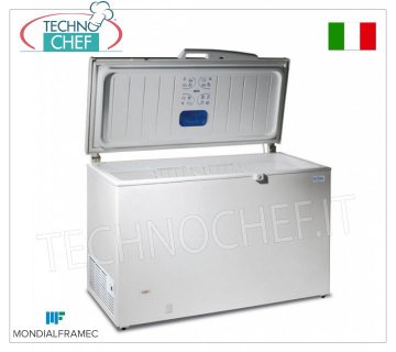 Horizontal chest freezer, 352 lt., Mod.MAEL400 Horizontal chest freezer, MONDIAL FRAMEC, capacity 352 lt, white exterior, temperature -18/-25°C, V.230/1, Kw 0.16, Weight 48 Kg, dim.mm.1326x695x860h