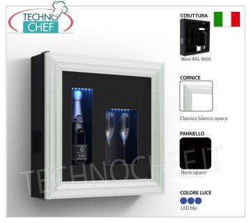 QUADRO REFRIGERATED WINE, 1 BOTTLE and 2 GLASSES, Temp.+4°/+10° REFRIGERATED wine frame, 1 bottle and 2 glasses, version with: BLACK structure, MATT BLACK panel, MATT WHITE CLASSIC frame, Blue LED light, Temp.+4°/+10°, V.230/1, Kw.0,03 , Weight 22 Kg, dim.mm.600x600x155h