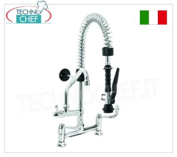 Two-hole mixer tap with 600 mm high suspended shower and swivel spout, controls with short levers