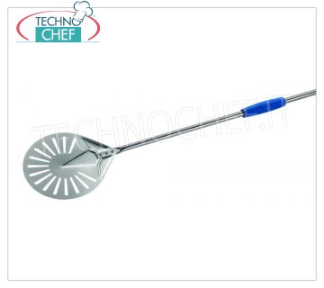 GI.METAL - Stainless Steel Pizza Palette, Drilled Version, Professional Line Palino to turn and churn PERFORATED, made of STAINLESS STEEL, with blue plastic handle and sliding handle, diameter 200 mm, handle length 1500 mm.