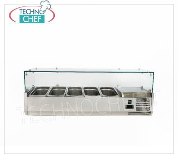 Pizza Ingredient Display Case, Refrigerated, 120 cm long, for 5 GN 1/4 pans, STAINLESS STEEL horizontal REFRIGERATED SHOWCASE for PIZZA INGREDIENTS, version with straight glass, temp. + 2 ° / + 8 ° C, line with a DEPTH 335 mm. for 5 GN 1/4 containers, V 230/1, Kw 0,145, Weight Kg. 49, dim. mm. 1200x335x435h.