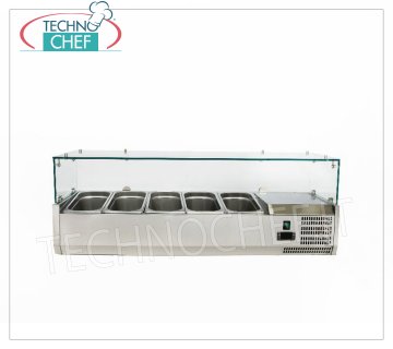 Pizza Ingredient Display Case, Refrigerated, 120 cm long, for 5 GN 1/4 containers, Horizontal STAINLESS STEEL REFRIGERATED DISPLAY CABINET for PIZZA INGREDIENTS, version with straight glass, temp. +2°/+8 °C, line with DEPTH 335 mm. for 5 GN 1/4 containers, V 230/1, Kw 0.145, Weight 49 Kg, dim. mm. 1200x335x435h.