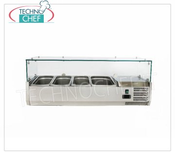 Pizza Ingredients Display Case, Refrigerated, 120 cm long, for 3 GN 1/3 containers + 1 GN 1/2 container, Horizontal REFRIGERATED SHOWCASE for PIZZA INGREDIENTS, version with straight glass, temp. + 2 ° / + 8 ° C, line with DEPTH 395 mm. for 3 GN 1/3 containers + 1 GN 1/2 container, V 230/1, Kw 0.145, Weight Kg. 53, dim. mm. 1200x395x435h.
