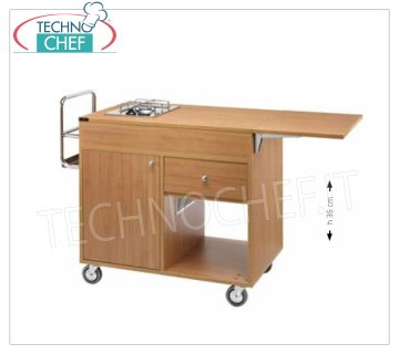 Forcar - WOODEN FLAMBE TROLLEY, with 2 separate BURNERS, Mod.1202 Flambe trolley in walnut melamine wood, with 2 BURNERS, bottle holder, side flap, compartment underneath with hinged door, 1 drawer and lower shelf, dim.mm.1050x580x850h