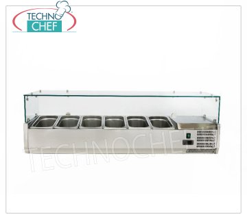 Pizza ingredient display cabinet, refrigerated, 140 cm long, for 6 GN 1/4 pans STAINLESS STEEL horizontal REFRIGERATED SHOWCASE for PIZZA INGREDIENTS, version with straight glass, temp. + 2 ° / + 8 ° C, line with a DEPTH 335 mm. for 6 GN 1/4 containers, V 230/1, Kw 0,145, Weight Kg 64, dim. mm. 1400x335x435h.