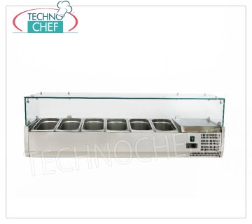 Pizza ingredient display case, refrigerated, 140 cm long, for 6 GN 1/4 containers Horizontal STAINLESS STEEL REFRIGERATED DISPLAY CABINET for PIZZA INGREDIENTS, version with straight glass, temp. +2°/+8 °C, line with DEPTH 335 mm. for 6 GN 1/4 containers, V 230/1, Kw 0.145, Weight 64 Kg, dim. mm. 1400x335x435h.