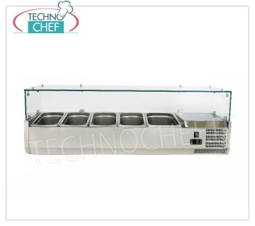Pizza Ingredients Display Case, Refrigerated, 140 cm long, for 4 GN 1/3 containers + 1 GN 1/2 container Horizontal REFRIGERATED SHOWCASE for PIZZA INGREDIENTS, version with straight glass, temp. + 2 ° / + 8 ° C, line with DEPTH 395 mm. for 4 GN 1/3 containers + 1 GN 1/2 container, V 230/1, Kw 0.145, Weight Kg. 66, dim. mm. 1400x395x435h.