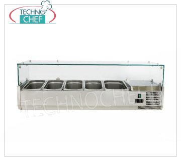 Pizza Ingredients Display Case, Refrigerated, 140 cm long, for 4 GN 1/3 containers + 1 GN 1/2 container Horizontal REFRIGERATED DISPLAY CABINET for PIZZA INGREDIENTS, version with straight glass, temp. +2°/+8 °C, line with DEPTH 395 mm. for 4 GN 1/3 containers + 1 GN 1/2 container, V 230/1, Kw 0.145, Weight Kg. 66, dim. mm. 1400x395x435h.