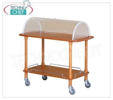Wooden dessert and cheese trolleys Trolley for desserts, cheeses and appetizers in solid wood with semicircular plexiglass dome open on 2 sides, FORCAR brand, 2 shelves in WALNUT-stained plywood, 4 swivel wheels diam.95 mm, dim.mm.1100x550x1070h