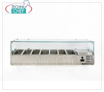 Refrigerated Pizza Ingredient Display Case, 150 cm long, for 7 GN 1/4 pans STAINLESS STEEL horizontal REFRIGERATED SHOWCASE for PIZZA INGREDIENTS, version with straight glass, temp. + 2 ° / + 8 ° C, line with a DEPTH 335 mm. for 7 GN 1/4 containers, V 230/1, Kw 0,145, Weight Kg. 64, dim. mm. 1500x335x435h.