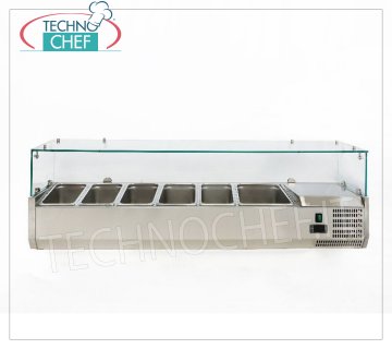 Pizza Ingredients Display Case, Refrigerated, 150 cm long, for 5 GN 1/3 containers + 1 GN 1/2 container Horizontal REFRIGERATED SHOWCASE for PIZZA INGREDIENTS, version with straight glass, temp. + 2 ° / + 8 ° C, line with DEPTH 395 mm. for 5 GN 1/3 containers + 1 GN 1/2 container, V 230/1, Kw 0.145, Weight Kg. 69, dim.mm.1500x395x435h.