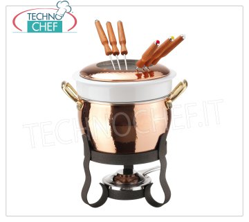 Technochef - Internally tinned COPPER fondue set, 11 pieces COPPER fondue set with forks included, Tin-plated interior, Series 15400, diameter 160 mm, height 260 mm.