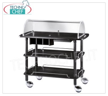 Wooden dessert and cheese trolleys Trolley for desserts, cheeses and appetizers in solid wood with semicircular plexiglass dome open on 2 sides, FORCAR brand, 3 shelves in CARBON-stained plywood, 4 swivel wheels diam.95 mm, dim.mm.1100x550x1140h