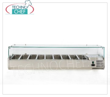 Pizza ingredient display cabinets, refrigerated, 180 cm long, for 9 GN 1/4 pans STAINLESS STEEL horizontal REFRIGERATED SHOWCASE for PIZZA INGREDIENTS, version with straight glass, temp. + 2 ° / + 8 ° C, line with a DEPTH 335 mm. for 9 GN 1/4 containers, V 230/1, Kw 0,145, Weight Kg. 64, dim. mm. 1800x335x435h.