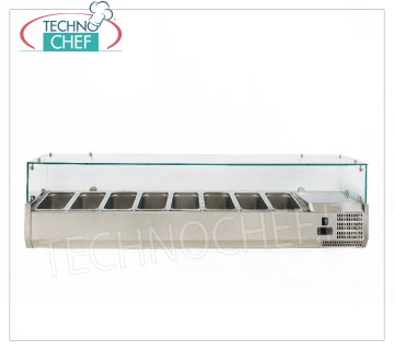Pizza Ingredient Display Case, Refrigerated, 180 cm long, for 8 Gastro-Norm 1/3 pans Horizontal REFRIGERATED SHOWCASE for PIZZA INGREDIENTS, version with straight glass, temp. + 2 ° / + 8 ° C, line with DEPTH 395 mm. for 8 GN 1/3 containers, V 230/1, Kw 0,145, Weight Kg. 70, dim. mm. 1800x395x435h.