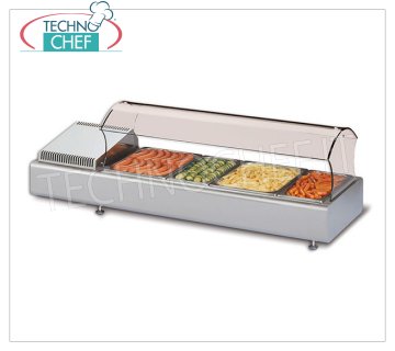 Technochef - REFRIGERATED COUNTER DISPLAY CABINET with SELF-SERVICE CURVED GLASS, Temp. + 2 ° / + 10 ° C Refrigerated counter display case with curved self-service glass, container capacity: all formats GN - H max 100 mm, temperature + 2 ° / + 10 ° C, static refrigeration, V.230 / 1, Kw.0.13, Weight 40 Kg, dim.mm.1023x380x370h