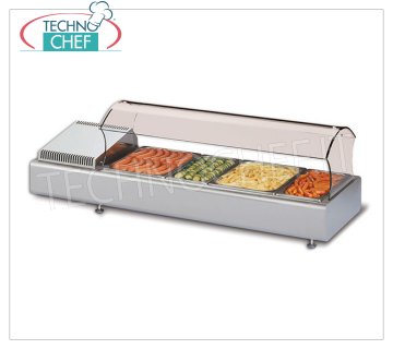 Technochef - HOT COUNTER DISPLAY CABINET with SELF-SERVICE CURVED GREEN, temp. + 30 ° / + 70 ° C Hot counter display with curved self-service glass, tray capacity: all formats GN - H max 100 mm, temperature + 30 ° / + 70 ° C, V.230 / 1, Kw. 1.00, Weight 17 Kg , dim.mm.1023x380x370h
