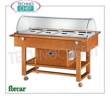 Refrigerated display trolleys Refrigerated display trolley in WALNUT or WENGE' color wood, FORCAR brand, complete with plexiglass dome and 2 support shelves, capacity 4 GN 1/1 containers (not included), temp. -5°/+5°C, static refrigeration , V.230/1, Kw.0,25, dim.mm.1480x1120x1250h