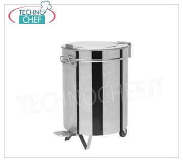 Stainless steel waste bin on wheels, 50 liter capacity Round stainless steel waste bin on wheels, lid with pedal opening, 50 liter capacity, weight 7 Kg, dim.mm.390x540x610h