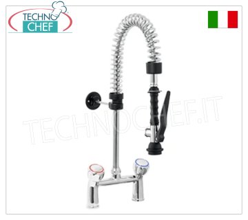 Two-hole sink mixer tap with round handles and suspended shower