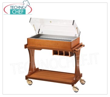 Refrigerated display trolleys Refrigerated trolley for desserts, cheeses and appetizers in WALNUT or WENGE' colored wood, FORCAR brand, complete with plexiglass dome, 8 eutectic plates and lower shelf, total capacity 50 Kg, dim.mm.1060x550x1080h