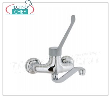 Wall mounted double hole mixer tap Wall mounted DOUBLE HOLE mixer tap, SINGLE LEVER with CLINICAL LEVER and 300 mm long ROTATING spout