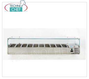 Pizza ingredient display cabinets, refrigerated, 200 cm long, for 10 GN 1/4 pans STAINLESS STEEL horizontal REFRIGERATED SHOWCASE for PIZZA INGREDIENTS, version with straight glass, temp. + 2 ° / + 8 ° C, line with a DEPTH 335 mm. for 10 GN 1/4 containers, V 230/1, Kw 0,145, Weight Kg. 70, dim. mm. 2000x335x435h.
