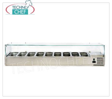 Refrigerated Pizza Ingredient Display Case, 200 cm long, for 9 GN 1/3 pans Horizontal REFRIGERATED SHOWCASE for PIZZA INGREDIENTS, version with straight glass, temp. + 2 ° / + 8 ° C, line with DEPTH 395 mm. for 9 GN 1/3 containers, V 230/1, Kw 0,145, Weight Kg. 75, dim. mm. 2000x395x435h.