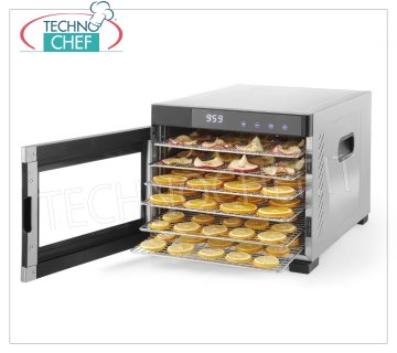 Technochef - PROFESSIONAL DRIER for FRUITS and VEGETABLES with 6 STAINLESS STEEL TRAYS, Mod. 229033 DRIER for FRUITS and VEGETABLES with 6 STAINLESS STEEL TRAYS (shelves) of mm 327x330, digital control panel, temperature adjustable from 35 ° C to 70 ° C, V.230 / 1, Kw.0,65, dim.mm.340x450x311h