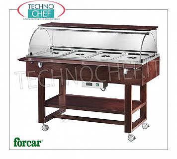 Refrigerated display trolleys Refrigerated display trolley in WALNUT or WENGE' color wood, FORCAR brand, complete with plexiglass dome, 2 support shelves, capacity 4 GN 1/1 containers (not included), temp. -5°/+5°C, static refrigeration , V.230/1, Kw.0,25, dim.mm.1480x900x1260h