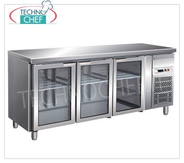 Forcar - Refrigerated Table Fridge 3 Glass Doors, lt. 417, Temp. -2 ° / + 8 ° C, Ventilated, mod.G-GN3100TNG Refrigerated Table 3 Glass Doors and neutral drawer, Professional, capacity lt. 417, temperature -2 ° / + 8 ° C, Gastronorm 1/1, ventilated refrigeration, Gas R290, internal light, V.230 / 1, Kw.0, 26, Weight 134 Kg, dim.mm.1795x700x860h