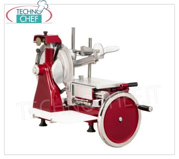 TECHNOCHEF - MANUAL FLYWHEEL SLICER, blade Ø 300 mm, Professional, Mod. 300 FLYWHEEL Manual FLYWHEEL vertical slicer for cold cuts, blade diameter 300 mm, standard colors: RED, BLACK and CREAM or customizable on request, dim.mm.600x720x740h.