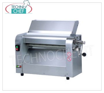 PROFESSIONAL DOUGH SHEETER with 420 mm STAINLESS STEEL ROLLS, mod.3200 / LM42 Pasta sheeter with 1 pair of stainless steel rollers 420 mm long, double mouth for dough insertion, designed for application of LEAF CUTTER TOOLS, V.230 / 1, Kw.0.37, Weight 49 Kg, dim.mm.650x303x466h