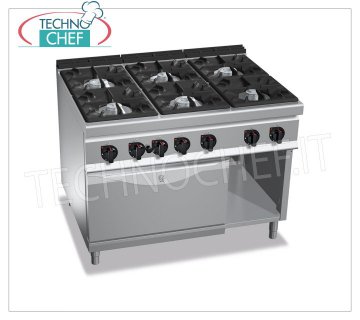 TECHNOCHEF - 6 BURNERS GAS COOKER on GAS OVEN GN 2/1, mod. G9F6+FG 6 BURNERS GAS RANGE on GAS OVEN GN 2/1, MAXIMA 900 Line, HIGH POWER Series, total thermal power. Kw.61,3, Weight 202 Kg, dim.mm.1200x900x900h