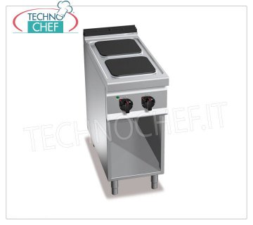 TECHNOCHEF - 2 PLATES ELECTRIC COOKER on OPEN CABINET, mod. E9PQ2M 2 PLATE ELECTRIC RANGE on OPEN CABINET, BERTOS MAXIMA 900 Line, HIGH POWER Series, with 2 SQUARE plates measuring 300x300 mm, INDEPENDENT CONTROLS, 6 power levels, V.400/3+N, Kw 7.00, Weight 56 Kg , dim.mm.400x900x900h