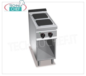 TECHNOCHEF - 2 PLATE ELECTRIC COOKER on OPEN CABINET, mod. E9PQ2M ELECTRIC STOVE 2 PLATES on OPEN CABINET, BERTOS MAXIMA 900 line, HIGH POWER Series, with 2 SQUARE plates measuring 300x300 mm, INDEPENDENT CONTROLS, 6 power levels, V.400/3+N, Kw 7.00, Weight 56 ​​Kg , dim.mm.400x900x900h