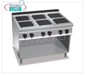 TECHNOCHEF - 6 PLATE ELECTRIC COOKER on OPEN CABINET, mod. E9PQ6M 6 PLATE ELECTRIC RANGE on OPEN CABINET, BERTOS MAXIMA 900 Line, HIGH POWER Series, with 6 SQUARE plates measuring 300x300 mm, INDEPENDENT CONTROLS, 6 power levels, V.400/3+N, Kw 21.00, Weight 136 Kg , dim.mm.1200x900x900h