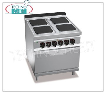 TECHNOCHEF - 4 PLATES ELECTRIC COOKER on GN 2/1 ELECTRIC OVEN, mod. E9PQ4+FE 4 PLATES ELECTRIC RANGE on ELECTRIC OVEN GN 2/1, BERTOS MAXIMA 900 Line, HIGH POWER Series, with 4 SQUARE plates of 300x300 mm, INDEPENDENT CONTROLS, 6 power levels, V.400/3+N, Tot. Kw 21, 5, Weight 138 Kg, dim.mm.800x900x900h