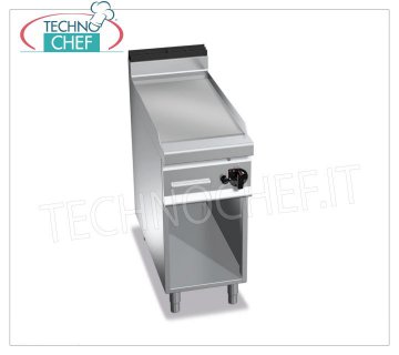 GAS GRIDDLE with SMOOTH PLATE in MULTIPAN, on CABINET, mod. G9FL4M GAS FRY TOP with SMOOTH PLATE, BERTOS MAXIMA 900 Line, MULTIPAN Series, 1 module on OPEN COMPARTMENT with COOKING ZONE mm 396x667, thermal power Kw.10,00, Weight 66 Kg, dim.mm.400x900x900h
