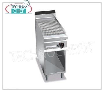 GAS GRIDDLE with MULTIPAN RIBBED PLATE, on CABINET, mod. G9FR4M GAS GRIDDLE with RIBBED PLATE, BERTOS MAXIMA 900 line, MULTIPAN series, 1 module on OPEN CABINET with 396x667 mm COOKING AREA, 10.00 kW thermal power, 66 Kg weight, dim.400x900x900hmm