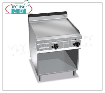 GAS GRIDDLE with SMOOTH PLATE in MULTIPAN, on CABINET, mod. G9FL8M-2 GAS GRIDDLE WITH SMOOTH PLATE, BERTOS MAXIMA 900 Line, MULTIPAN Series, DOUBLE MODULE ON OPEN COMPARTMENT with COOKING ZONE mm 796x667, INDEPENDENT CONTROLS, thermal power Kw.20,00, Weight 111 Kg, dim.mm.800x900x900h