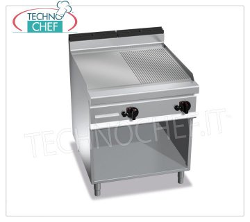 GAS FRY TOP, MULTIPAN PLATE 1/2 RIBBED and 1/2 SMOOTH, mod.G9FM8M-2 GAS FRY TOP with 1/2 SMOOTH and 1/2 RIBBED PLATE, BERTO'S, MAXIMA 900 Line, MULTIPAN Series, DOUBLE module on OPEN COMPARTMENT with 796x667 mm COOKING ZONE, INDEPENDENT CONTROLS, thermal power Kw.20.00, Weight 111 Kg, dim.mm.800x900x900h